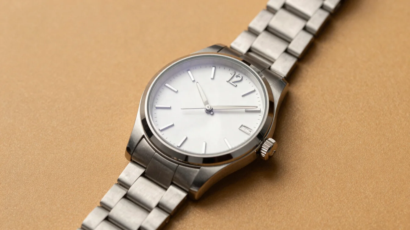 Overhead editorial close-up of a minimal metal wristwatch on a wa