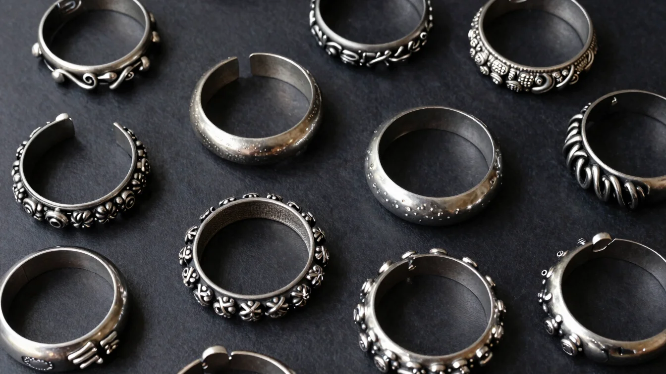 Overhead arrangement of sculptural metal bracelets on a deep ink