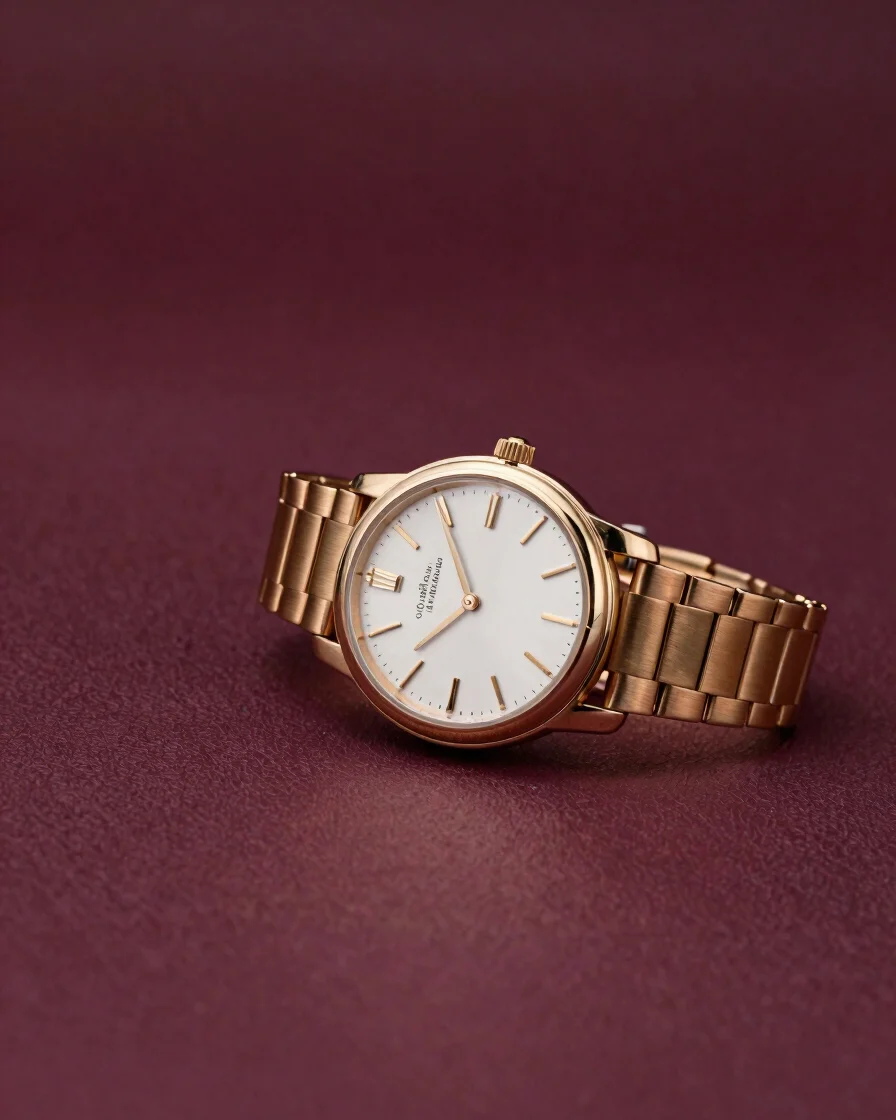 Editorial close-up of a gold-plated watch resting beside a sculpted bracelet on deep plum fabric, sculpted studio light,