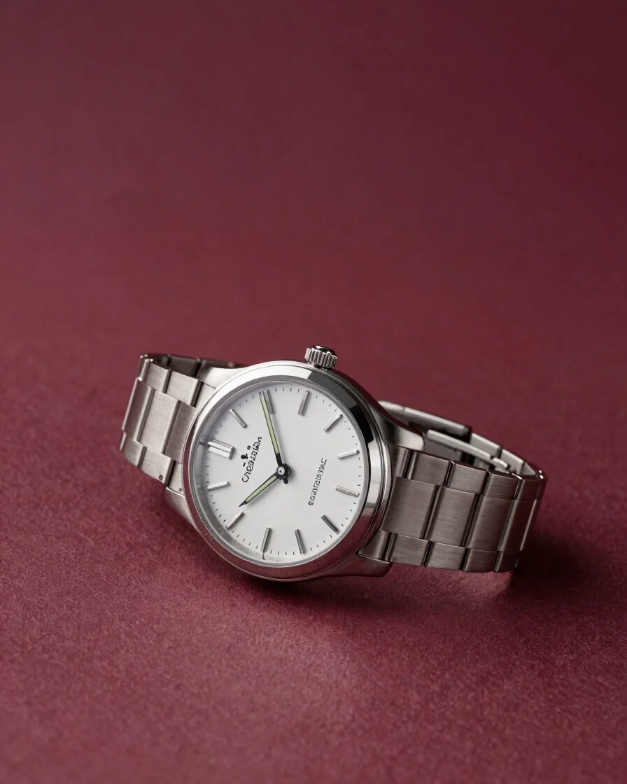 Close studio product study of a polished metal wristwatch on a sa